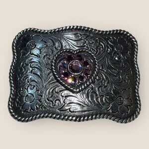 Vintage Nocona SilverTone Belt Buckle Floral Design Pink Rhinestone Heart Accent